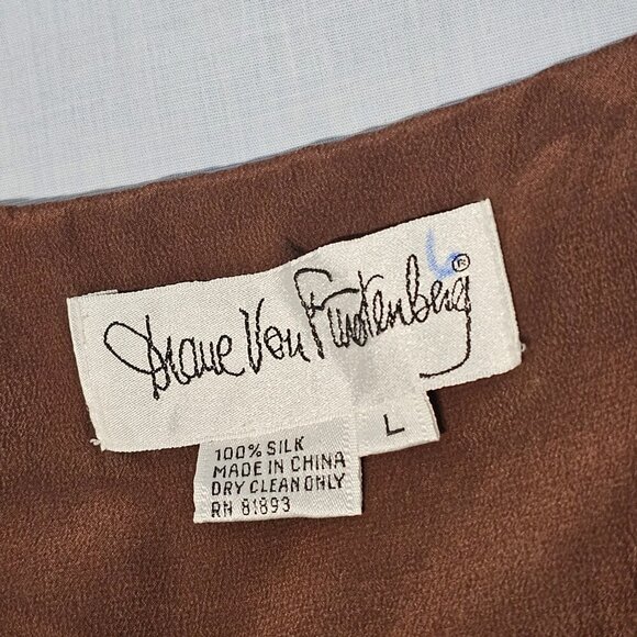 Diane Von Furstenberg Button Up Brown Satin Silk Top Blouse Shirt Women Size L - Picture 4 of 13